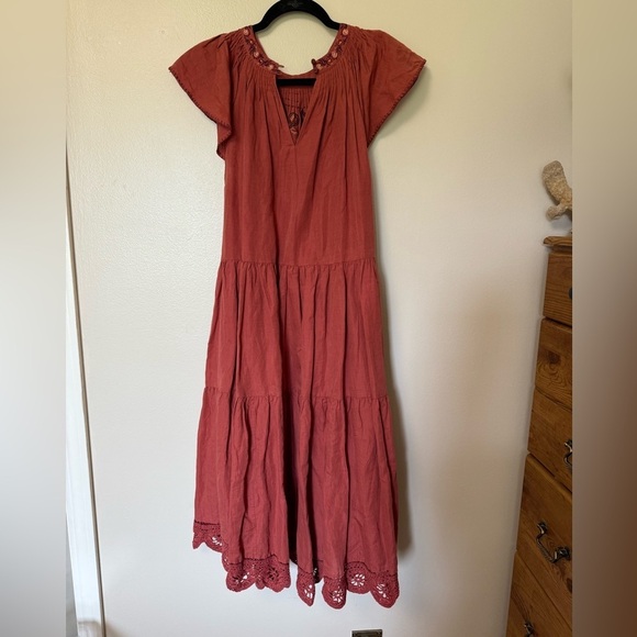 Ulla Johnson linen blend embroidered crochet midi flutter cap sleeves Sundress - Picture 2 of 13